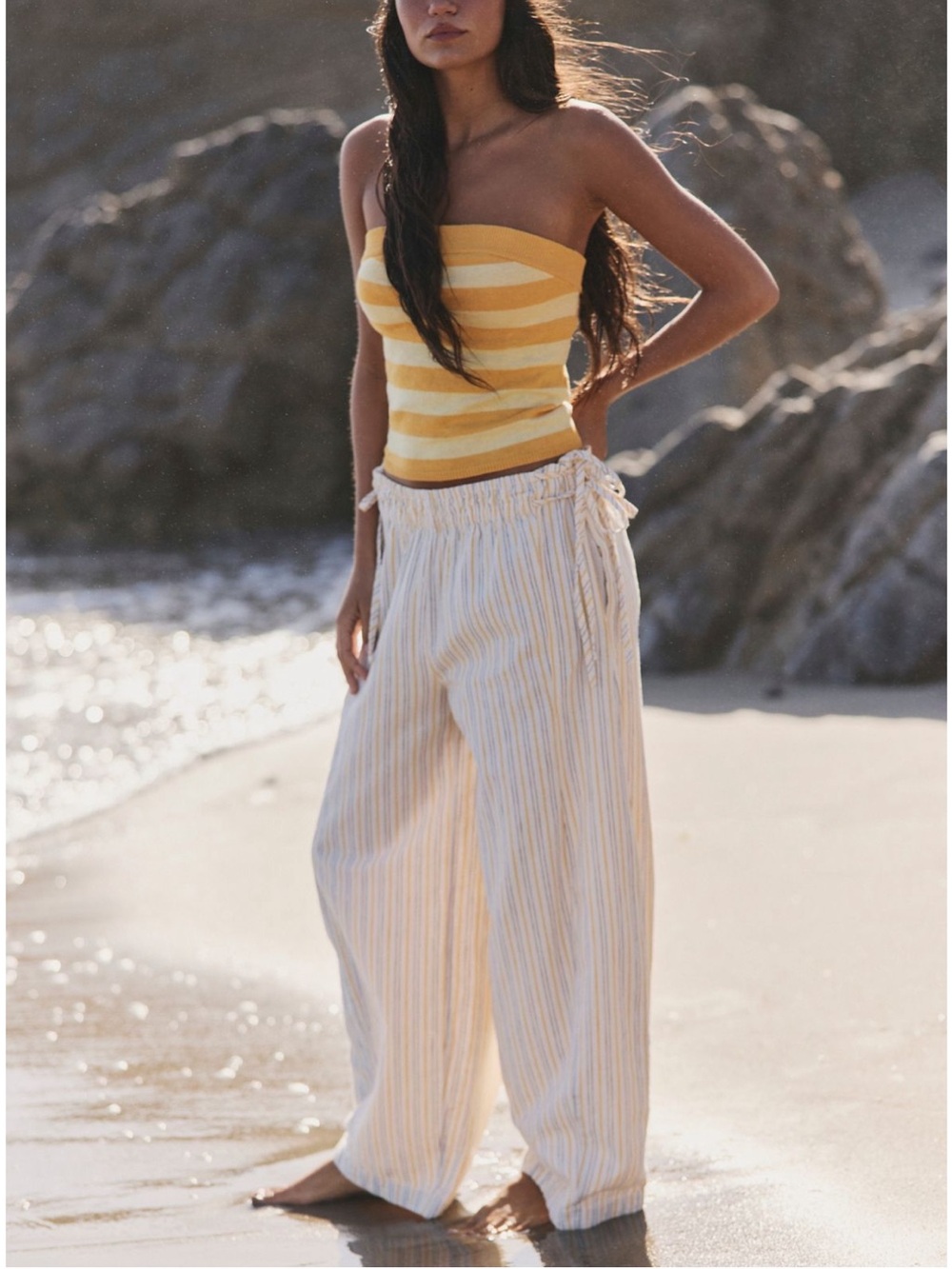 SUN DAZED COTTON-LINEN STRIPED PANTS IVORY COMBO